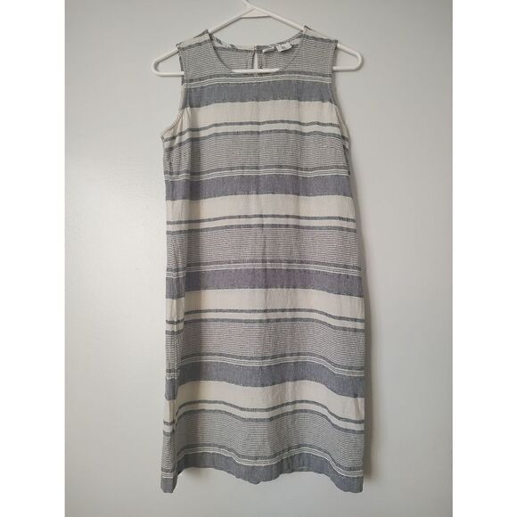 Artisan Women's Size 0 Cream Blue Linen Blend Sleeveless A Line Shift Dress - Picture 1 of 8